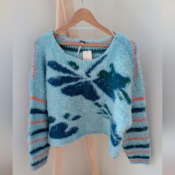 NWT Free People Lily Pullover Striped & Floral Oversized Sweater In Sky Blue - Picture 4 of 11